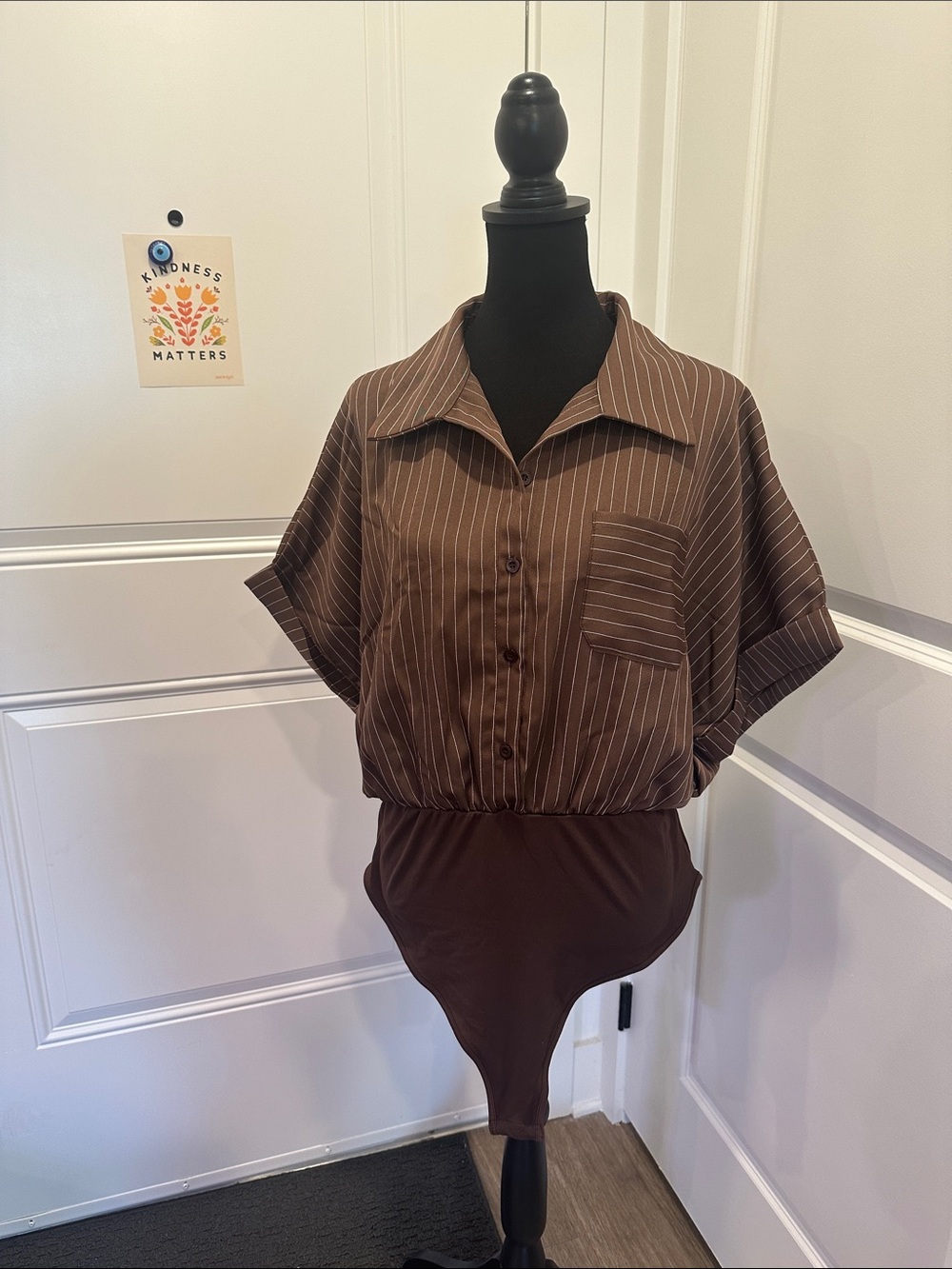 SHEIN Brown Pinstripe Button-Front Bodysuit